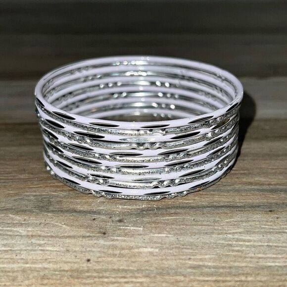 Bangle Stack Set Of 12 Etched Bracelet Silver Tone Glitter Sparkle Classic - Picture 1 of 7
